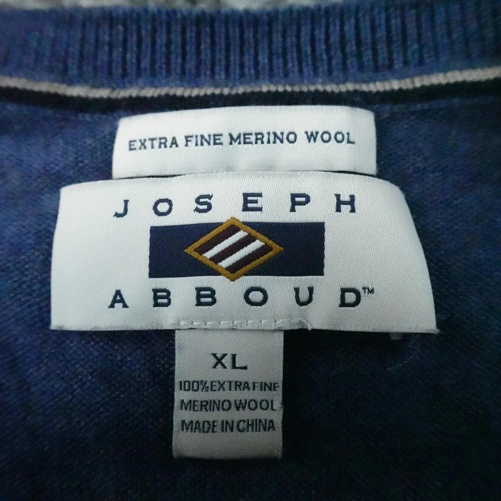 Joseph Abboud Sweater Mens XL Blue Merino Wool V Neck Knit Pullover Soft Warm